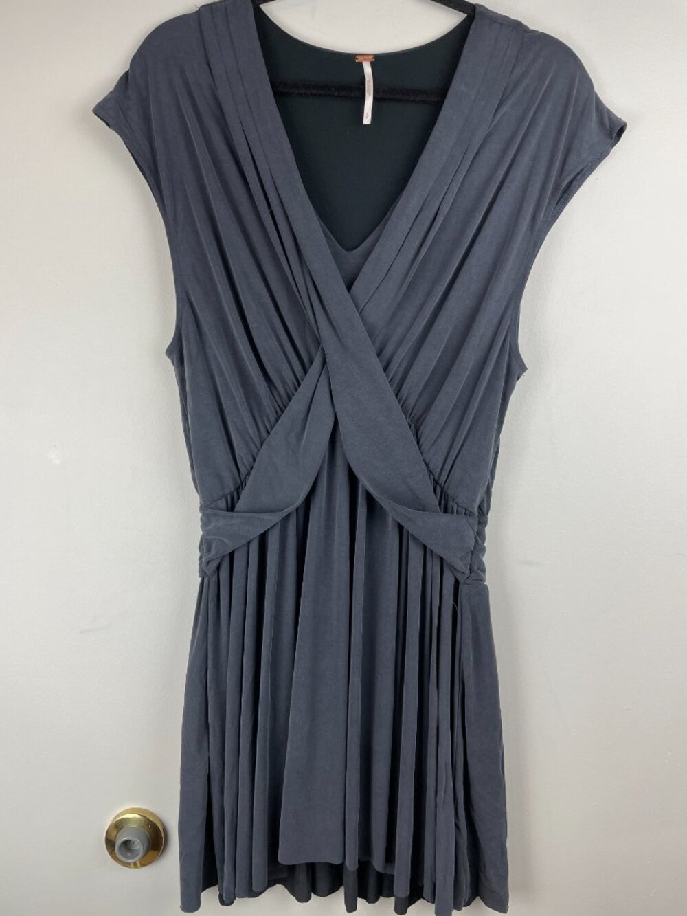Free People Criss Cross Dark Gray Mini Dress Featuring Cap Sleeves & V-Neck Sz S